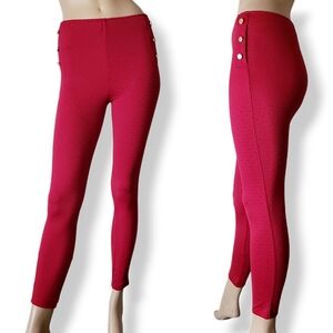 Sugarmint Textured Red & Gold Button-Detail Skinny Pants